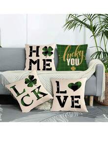 4 cái/bộ Ngày St. Patrick Cỏ ba lá Tim & Nhà  Mô hình Gối trang trí Loại vỏ ( Cái gối Không bao gồm ) , Hoàn hảo Đối với Gia đình Sofa Đồ trang trí - Hồng - Xem 1