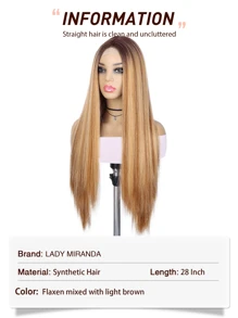 28英寸長直頭發,淺啡混金色中間蕾絲位合成褐色漸變色自然直頭髮女士假髮,適用於日常和派對,淺啡混金色 - 亞麻棕 - 查看 2