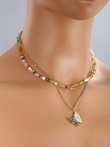 XUPING JEWELRY 1條女士雙層多巴胺吊墜項鍊,時尚優雅的嘻哈風格,適合y2k藍寶石珠子疊戴項鍊 - 多層項鍊 - 查看 2