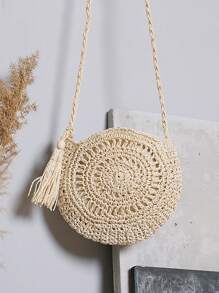 Yogodlns Túi đeo chéo tròn tua rua màu rơm trơn - Màu be - Xem 1