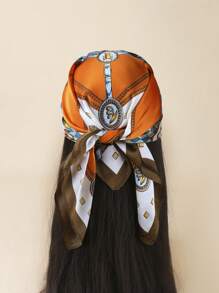 1條新款印花仿絲巾頭巾,可用作腰帶、包飾、掛繩、頭帶、頭飾,時尚多用 - 橘色 - 查看 1