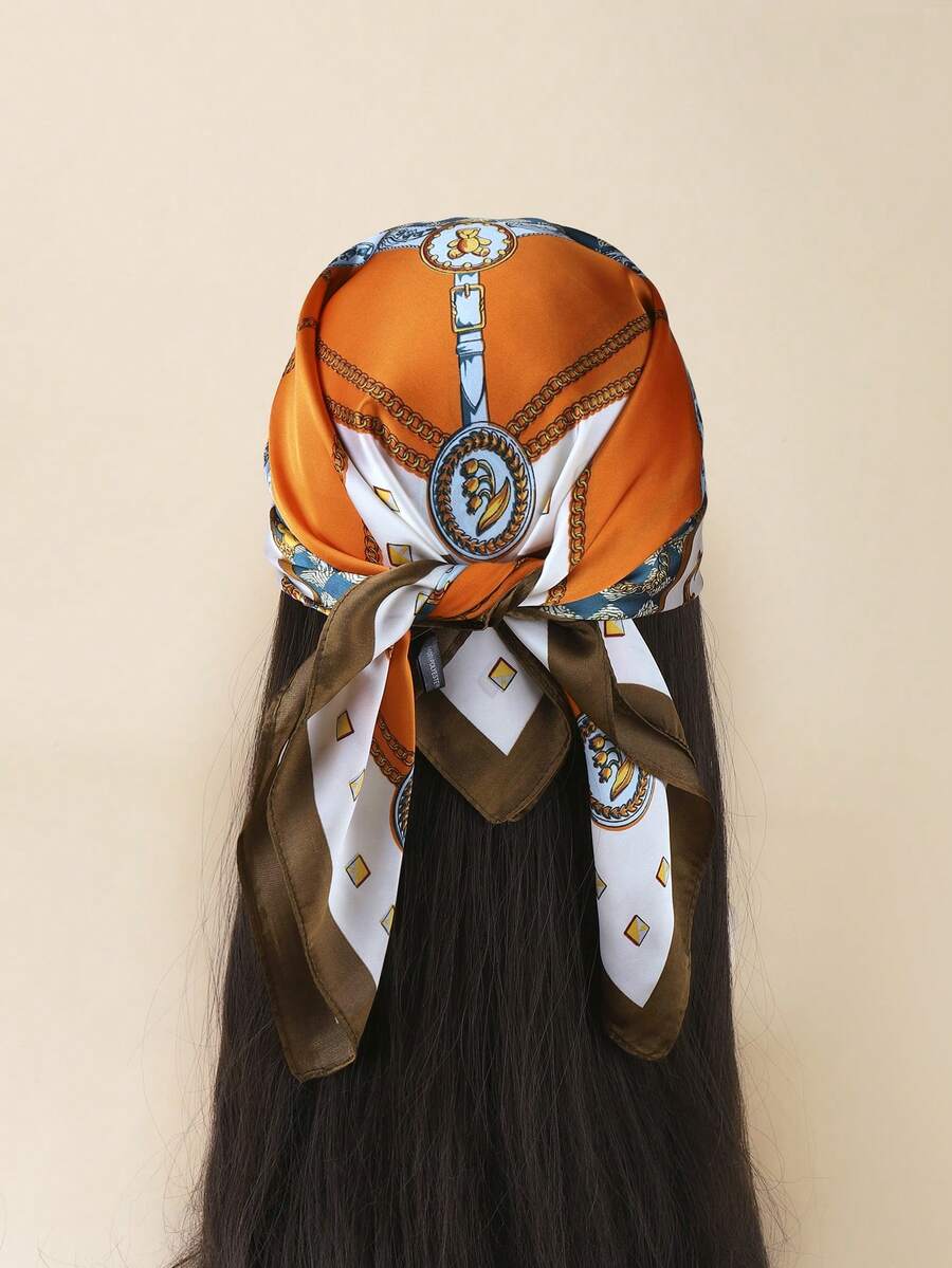 1條新款印花仿絲巾頭巾,可用作腰帶、包飾、掛繩、頭帶、頭飾,時尚多用 - 橘色 - 查看 1