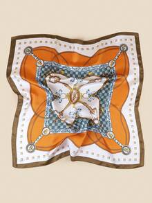 1條新款印花仿絲巾頭巾,可用作腰帶、包飾、掛繩、頭帶、頭飾,時尚多用 - 橘色 - 查看 2