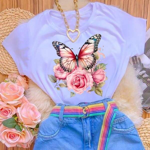 Camiseta feminina basica manga curta moda estampa p ao gg