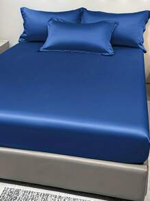 1 Piece Satin Solid Color Fitted Sheet, Navy Blue Ice Silk Bed Cover For Bedroom