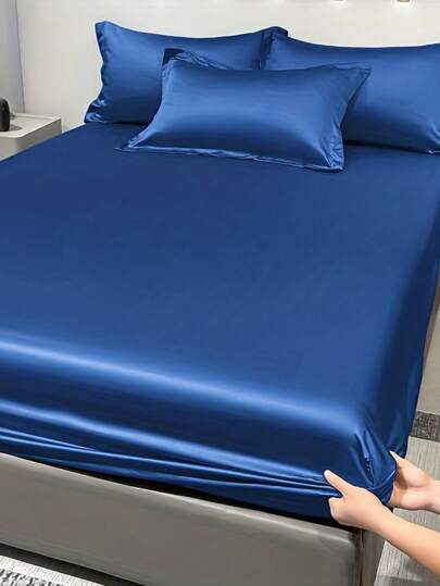 1 Piece Satin Solid Color Fitted Sheet, Navy Blue Ice Silk Bed Cover For Bedroom