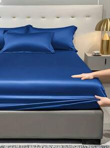 1 Piece Satin Solid Color Fitted Sheet, Navy Blue Ice Silk Bed Cover For Bedroom