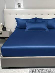 1 Piece Satin Solid Color Fitted Sheet, Navy Blue Ice Silk Bed Cover For Bedroom