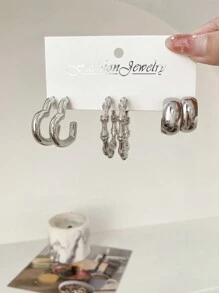 1 套/3 对/个性化经典银色百搭竹节环形耳环，奢华时尚的扭曲环形耳环，精致的耳饰 - 彩色 - 查看 5