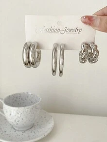 1 套/3 对/个性化经典银色百搭竹节环形耳环，奢华时尚的扭曲环形耳环，精致的耳饰 - 彩色 - 查看 2