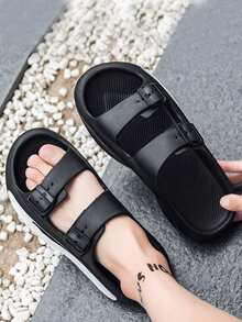 女式時尚厚底搭扣純色EVA夏季拖鞋，休閒戶外沙灘拖鞋 - 黑色 - 查看 5