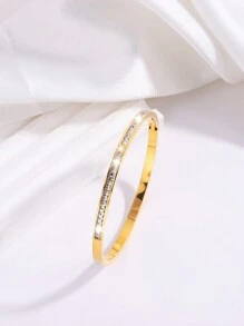 1入創意精美的不鏽鋼單排鑽石中三鑽手鐲，適合女士約會佩戴 - 金色 - 查看 4