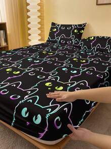 1 Peça Lençol Flanelado Com Estampa De Gatos, Roupa De Cama Para Quarto