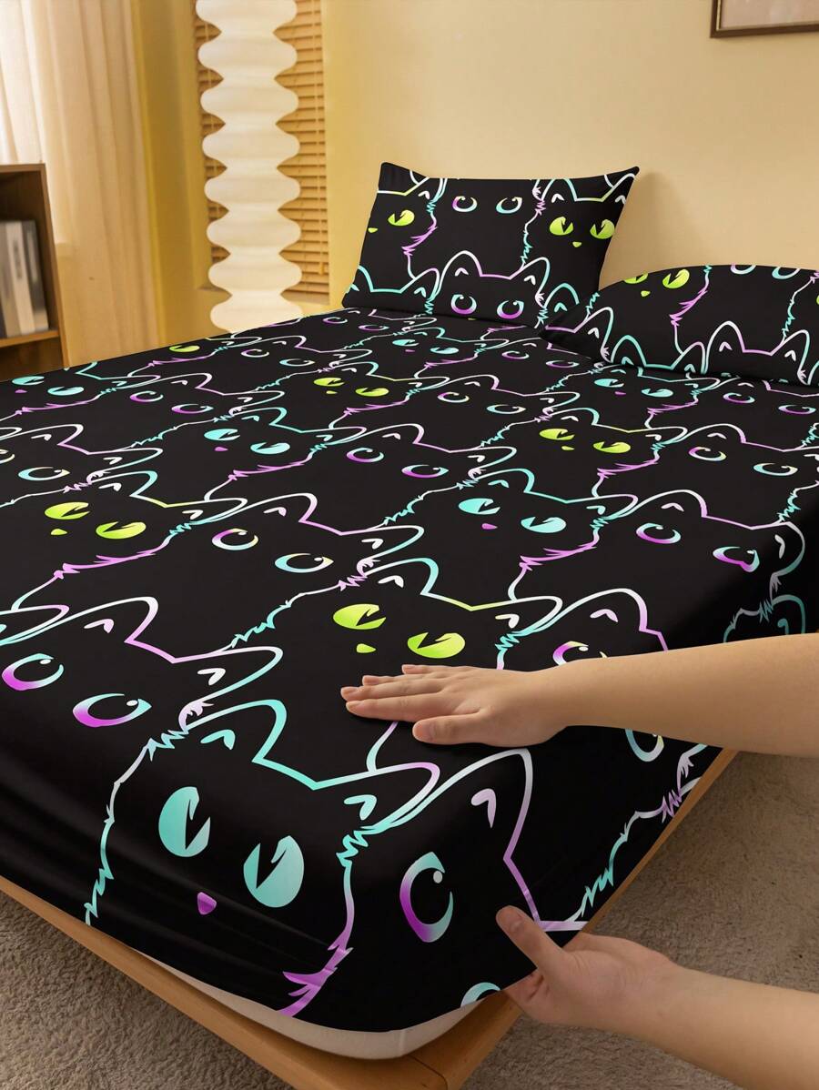 1 Peça Lençol Flanelado Com Estampa De Gatos, Roupa De Cama Para Quarto