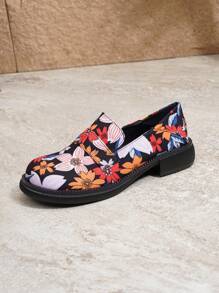 Women's Mary Jane Shoes With Floral Fabric & Strap Design, Chunky Heel & Comfortable Round Toe, Buckle Closure