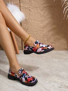 Women's Mary Jane Shoes With Floral Fabric & Strap Design, Chunky Heel & Comfortable Round Toe, Buckle Closure