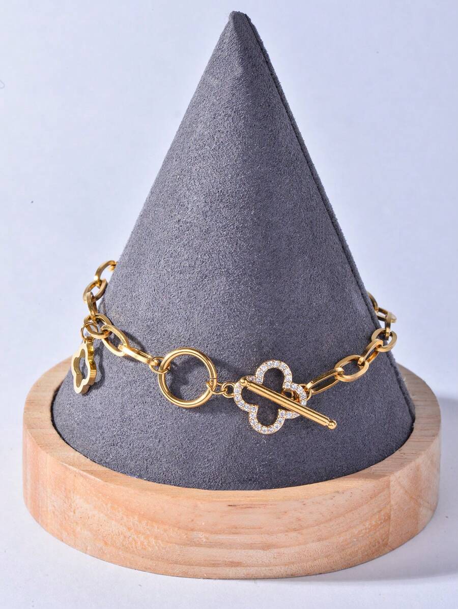 1 件时尚不褪色钛钢链和方晶锆石镂空四叶草幸运吊坠手链，适合女性日常佩戴情人节、妈妈、母亲、母亲节、礼物 - 金黃色 - 查看 1