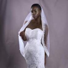 1pc Bridal Veil With Lace, Beading And Pearl Details, Soft Tulle, Fingertip Length, Suitable For Wedding And Banquet, Comes With Comb - V168 - View 2