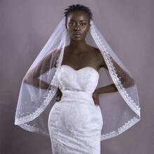 1pc Bridal Veil With Lace, Beading And Pearl Details, Soft Tulle, Fingertip Length, Suitable For Wedding And Banquet, Comes With Comb - V168 - View 1