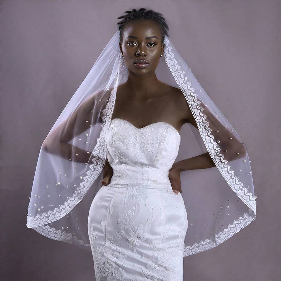 1pc Bridal Veil With Lace, Beading And Pearl Details, Soft Tulle, Fingertip Length, Suitable For Wedding And Banquet, Comes With Comb - V168 - View 1