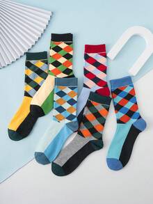 6雙男士個性化有趣的條紋&蜘蛛網&三角形設計中筒襪,適用於日常商務休閒穿著 - 彩色 - 查看 3
