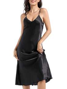 Women Plain Satin Nightgowns Long Sleeveless Night Gowns Silk Chemise Lingerie Slip Night Midi Dress Ladies Sleep Shirt Sleepwear For Bridal Party - 黑色 - 查看 3