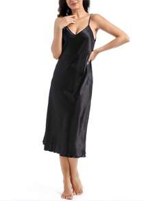 Women Plain Satin Nightgowns Long Sleeveless Night Gowns Silk Chemise Lingerie Slip Night Midi Dress Ladies Sleep Shirt Sleepwear For Bridal Party - 黑色 - 查看 4