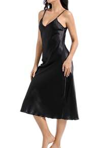 Women Plain Satin Nightgowns Long Sleeveless Night Gowns Silk Chemise Lingerie Slip Night Midi Dress Ladies Sleep Shirt Sleepwear For Bridal Party - 黑色 - 查看 2