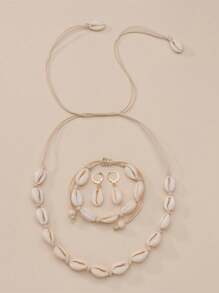 1 Set: 1 Pair Natural Beaded Wax Rope Braided Earrings, 1 Bracelet, 1 Necklace - White - View 1