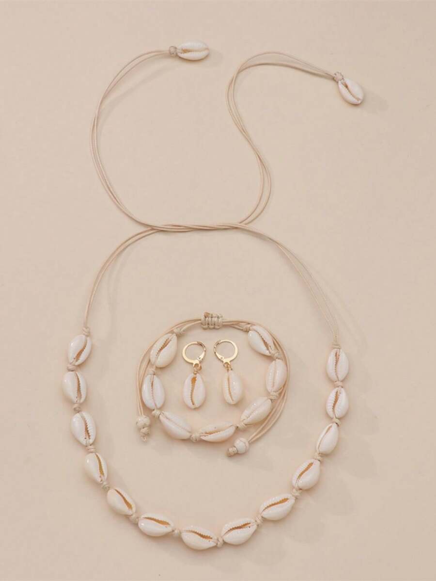 1 Set: 1 Pair Natural Beaded Wax Rope Braided Earrings, 1 Bracelet, 1 Necklace - White - View 1