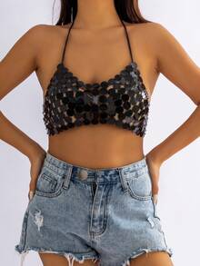 1個迷人的比基尼胸鏈,金屬亮片頸帶背心夏季露背空心海灘節日背心,女性海灘度假身體珠寶,夜店派對配飾 - 黑色 - 查看 3