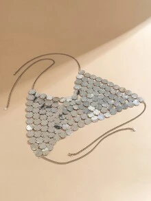 1個迷人的比基尼胸鏈,金屬亮片頸帶背心夏季露背空心海灘節日背心,女性海灘度假身體珠寶,夜店派對配飾 - 黑色 - 查看 6