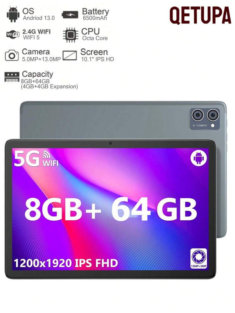Qetupa 10.1インチAndroidタブレット13、8GB RAM 64GB ROM