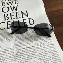 Gafas decorativas ovaladas sin marco, gafas de estilo punk chic Y2K, gafas minimalistas básicas con estuche, accesorio de moda retro ligero adecuado para atuendos casuales y formales - Negro - Ver 4