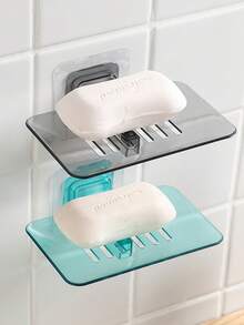 1pc Drain Soap Holder, Wall Mounted, No-Drill, Plastic Soap Dish With Water Filtering Function For Bathroom, Kitchen - Grey - View 1