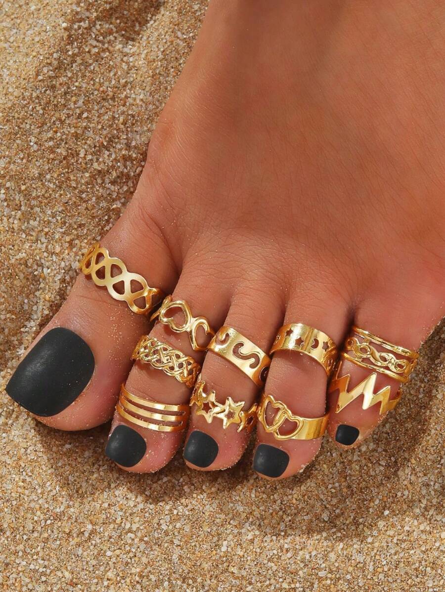 10pcs Vintage Metal Heart, Star, Moon Shaped Women's Open Toe Ring, Geometric Foot Jewelry Valentines,Mom,Mother,Mother's Day,Gift