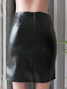 Falda Vinil Negra Para Mujer Falda De PU - Negro - Ver 5