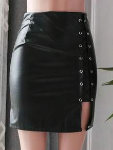 Falda Vinil Negra Para Mujer Falda De PU - Negro - Ver 4