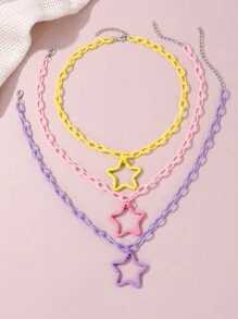 3pcs Girls' Five-Pointed Star Pendant Necklace With Multi Colors - Multicolor - View 1