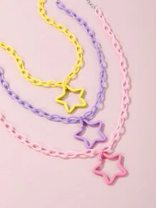 3pcs Girls' Five-Pointed Star Pendant Necklace With Multi Colors - Multicolor - View 4