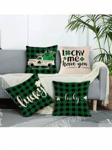 4入組聖派翠克節幸運三葉草綠色方格紋裝飾靠墊套,不包含靠墊芯,適用於家居沙發裝飾 - 紅色 - 查看 1
