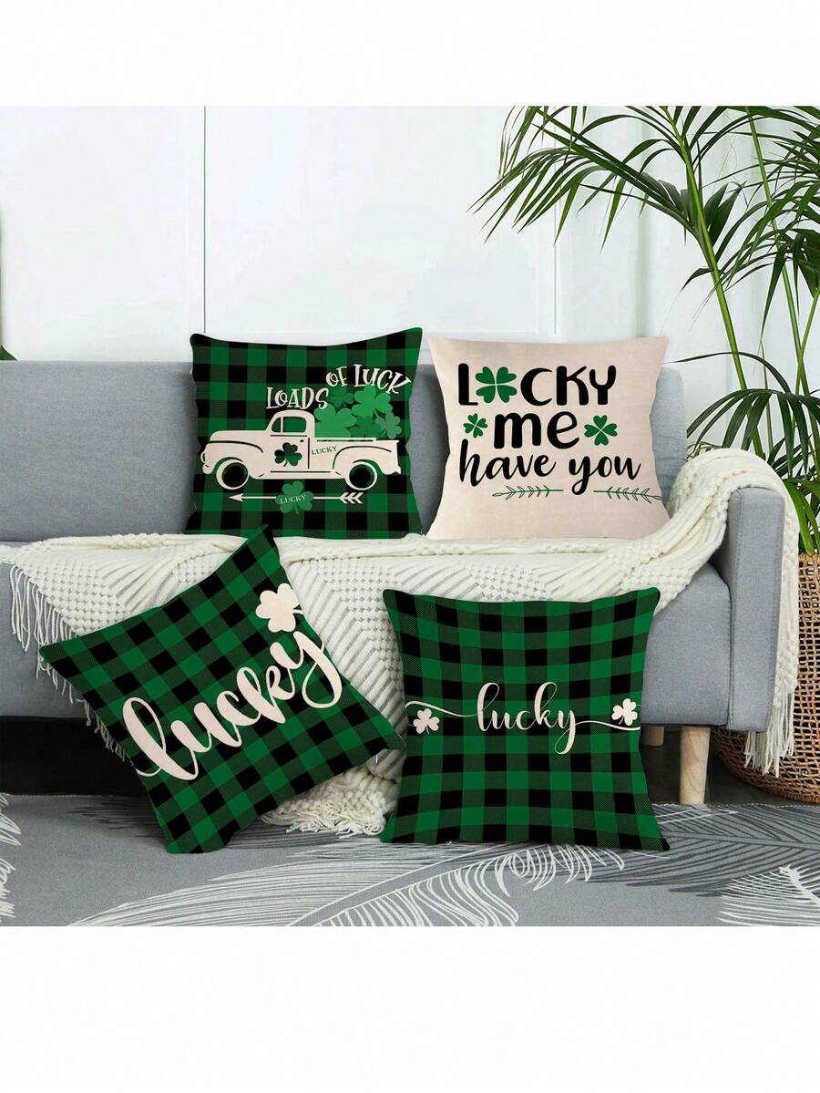 4入組聖派翠克節幸運三葉草綠色方格紋裝飾靠墊套,不包含靠墊芯,適用於家居沙發裝飾 - 紅色 - 查看 1