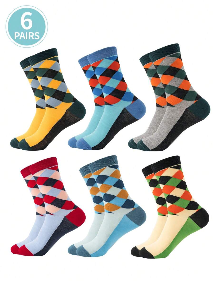 6雙男士個性化有趣的條紋&蜘蛛網&三角形設計中筒襪,適用於日常商務休閒穿著 - 彩色 - 查看 1