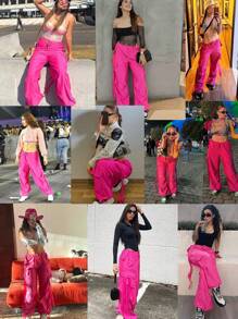 Calle Suelto Cordón Flutter Pantalones de trabajo Pantalones de pierna ancha Pantalones casuales con bolsillos de solapa Cintura baja Cordón de pierna ancha Pantalones de paracaidista - Rosa Fucsia - Ver 12