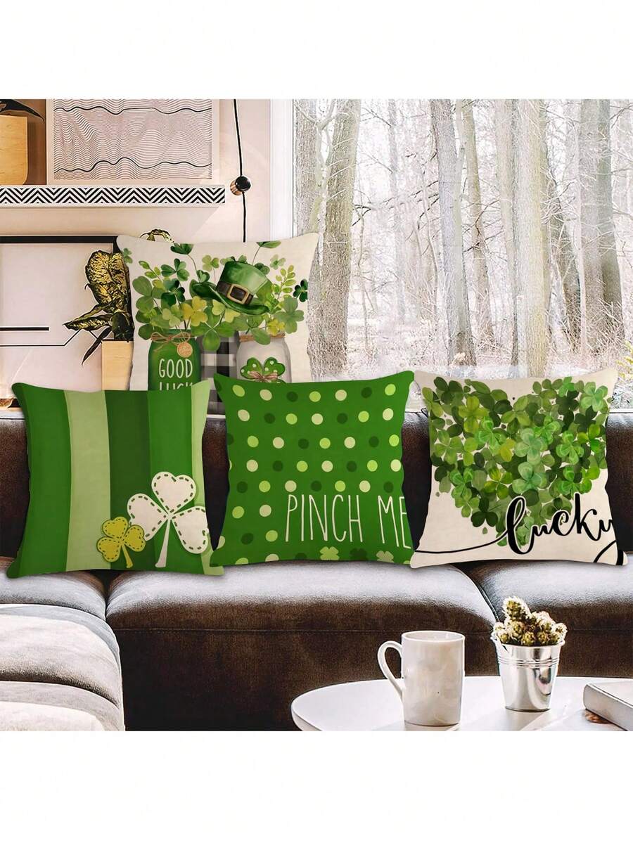 4 cái/bộ Ngày St. Patrick Nắp đệm Với Cỏ ba lá , Lá thư , May mắn Mẫu ( Không có Gối Bên trong ) , Thích hợp Đối với Sofa Đồ trang trí - Nhiều màu - Xem 1