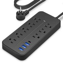 USB Multicontacto, Regleta de 1,2 m, 8 salidas, 3 puertos de carga USB, (5 V / 2 A), 1 puerto Type-C, Conector múltiple, Enchufe de pared con toma de corriente, Regleta para el hogar, oficina, dormitorio, Negro - Negro - Ver 1