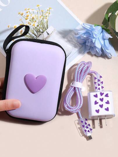 Set de 6 bolsas para almacenar cables de datos de EVA + enrollador de cable con forma de corazón de 1,5 m y clip, protector de cabezal de carga de TPU, compatible con iPhone 12/13/14, cable de datos de carga rápida de 20 W, organizador de cables