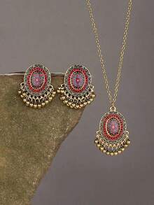 3入組復古合金椭圓形樹脂鑲嵌鈴鐺項鍊和耳環套裝,適合女性日常聚會穿戴 - 復古風 - 查看 1