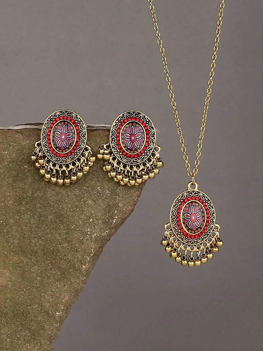 3入組復古合金椭圓形樹脂鑲嵌鈴鐺項鍊和耳環套裝,適合女性日常聚會穿戴 - 復古風 - 查看 1