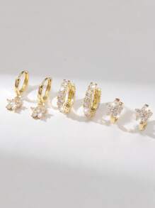 Hihho 6 Pieces Simple & Fashionable Shiny Flower Pendant Earring Set With Full Zirconia Inlay - Luxury Jewelry Ear Accessories Gift Valentines,Mom,Mother,Mother's Day,Gift - Yellow Gold - View 2